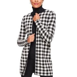 Talbots Black White Buffalo Check Plaid Wool Blend Sweater Jacket Cardigan Sz L